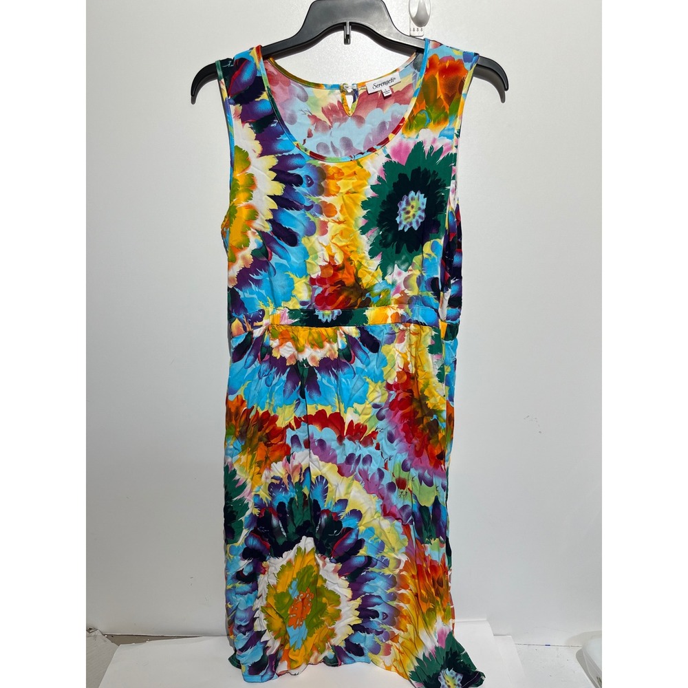 Serengeti Women Large Multi Color Floral Burst Sleeveless Elastic Waist Dress